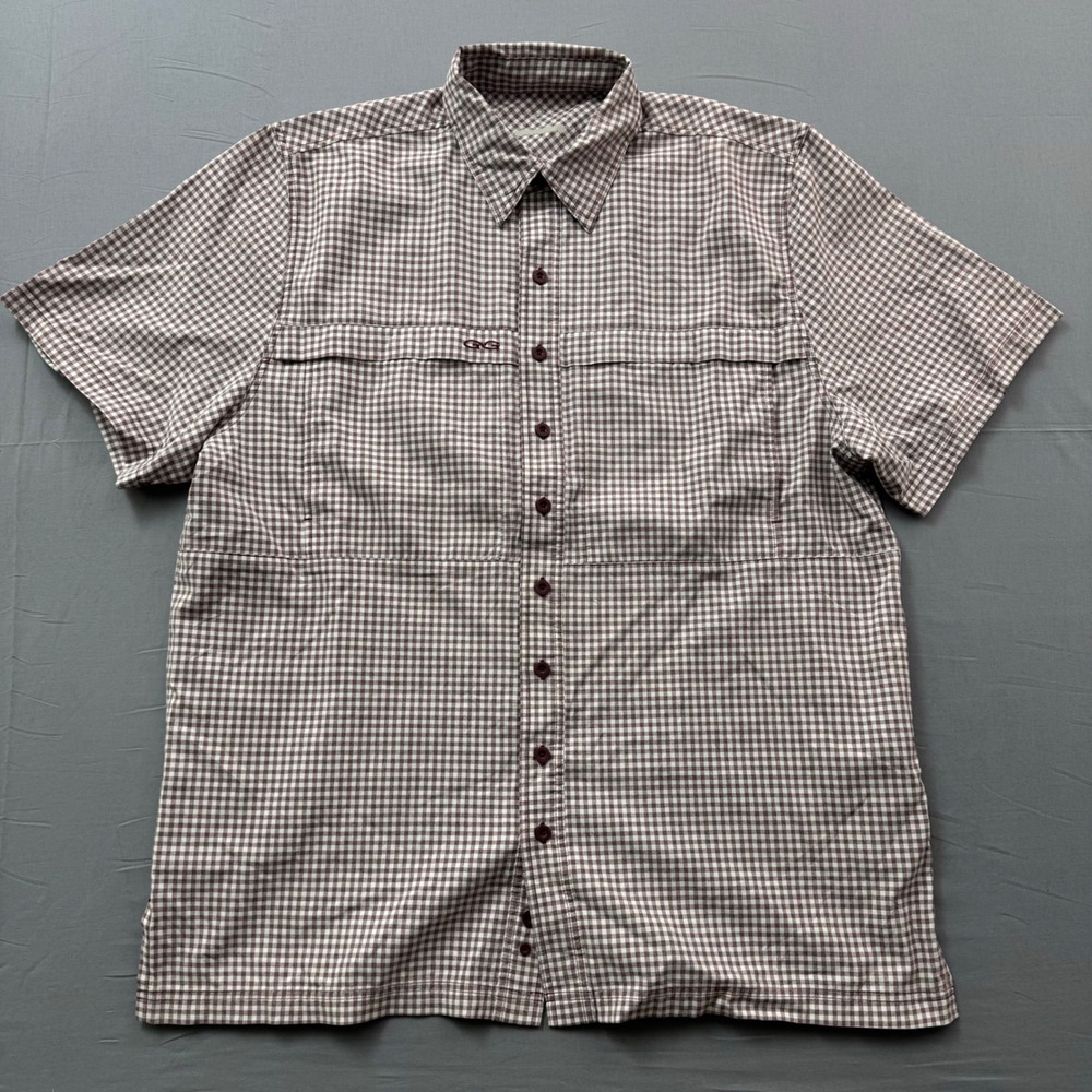 Gander‎ Mountain Mens Fishing Shirt Burgundy Gingham Plaid Short Sleeve Vent